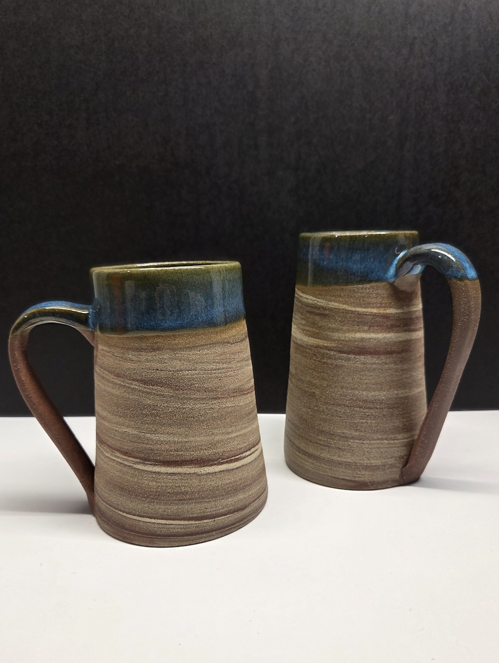 2 Hand Crafted Pottery Mugs Blue Drip Glaze Textured Stoneware Non Identical